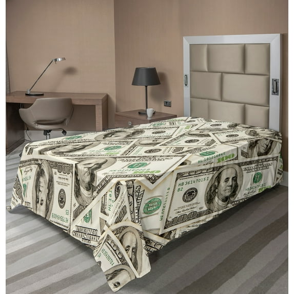 Ambesonne Money Flat Sheet, Ben Franklin Portrait Wealth, Twin Size, Pale Green Grey