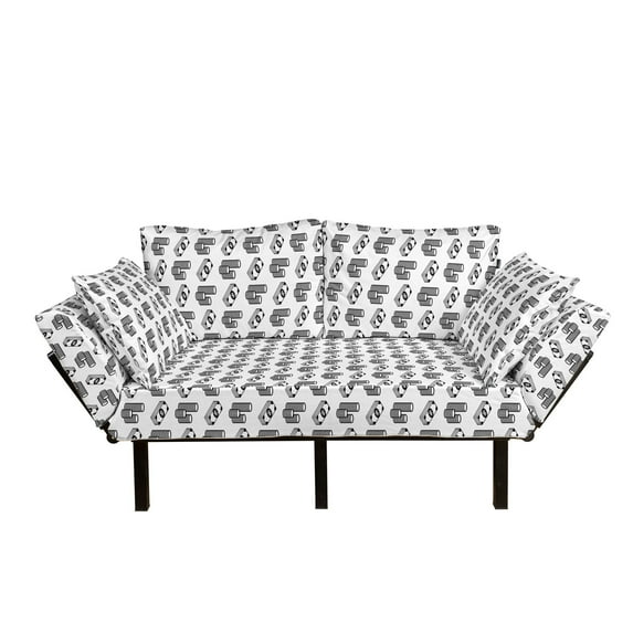 Money Futon Couch, Monochrome Stacked Coins and Dollar Bills Simple Doodle Style Economy Themed Pattern, Daybed with Metal Frame Upholstered Sofa for Living Dorm, Loveseat, Black White, by Ambesonne