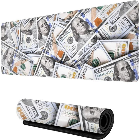 Money Gaming Mouse Pad, Dollars XL Mousepad Cash Desk Pad, Long Extended Large Rubber Mouse Pads, 31.5'''' X 11.8''''