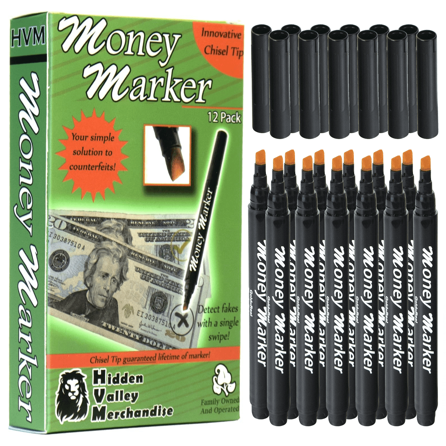 Money Marker (12 Pens) - Counterfeit Bill Detector Pen with Upgraded Chisel Tip - Detects Fake Counterfit Bills, Universal Currency Detectors Pack