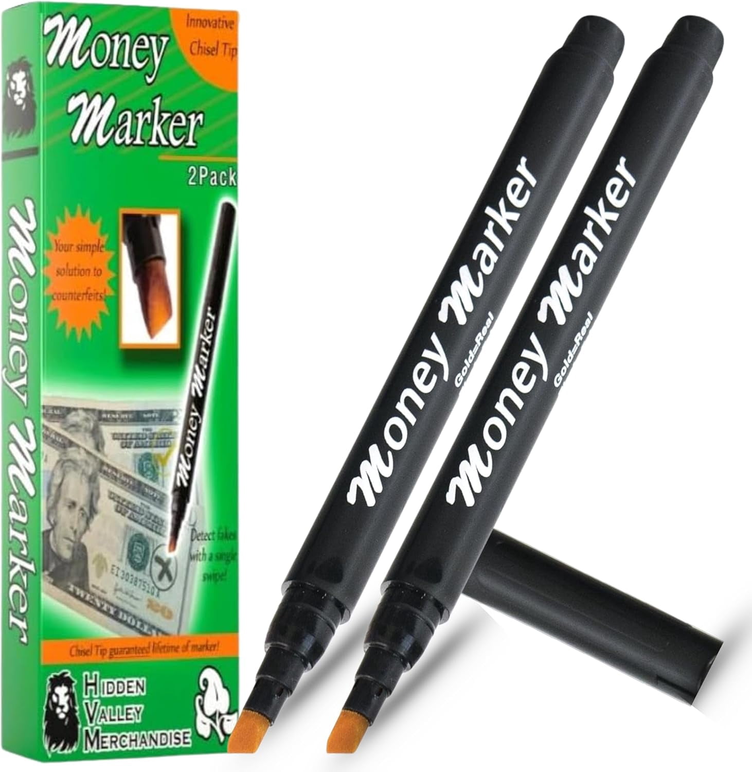 HVM Counterfeit Money Detector Pen (2 Counterfeit Pens) - Money Marker Bill Detector Pen with Upgraded Chisel Tip - Detect Fake Bills, Universal False Currency Checker Pack