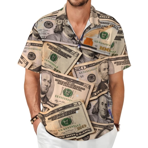 Money Men's Shirts Short-Sleeved with All-Over Prints Button-Up Shirts