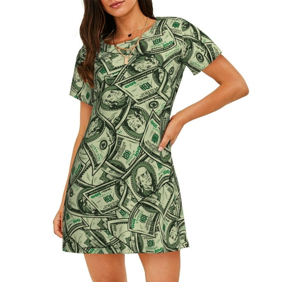 Money Pattern Vintage Style One Hundred Us Dollar Women'S Nightgown Sleepwear Short Sleeves Nightshirt Loose Comfy Pajama Medium