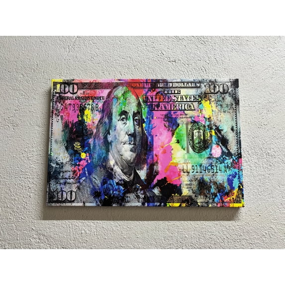 Money Printed, Colorful Dollar Artwork, Benjamin Franklin Art, Dollar Art Canvas, Office Art, Colorful Money Printed Canvas, Canvas Wall Decor - Gold Framed