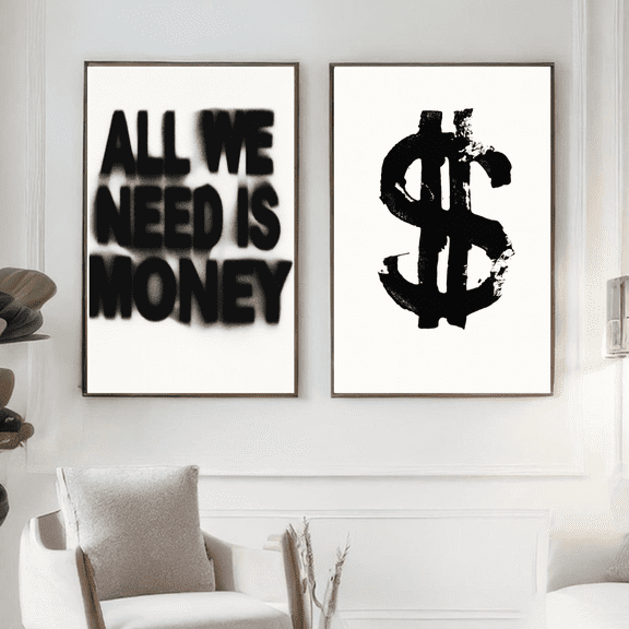 Money Quote Dollar Sign Luxury Minimal Typography Poster Set Set 2 , Stretched Canvas