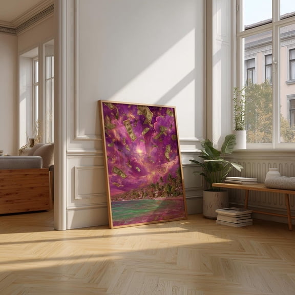 Money Rain Print, Surreal Beach Print, Pink Sky Ocean Art Home Decor #3182, 12x18 UNFRAMED