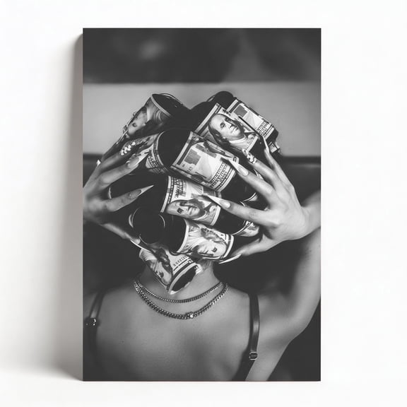 "Money Roll Hair" Canvas Wall Art, Black & White Luxury Framed Decor, Bold Hip Hop Artwork for Bedroom Living Room, Modern Glam Home Decor Ready to Hang 12"x18"