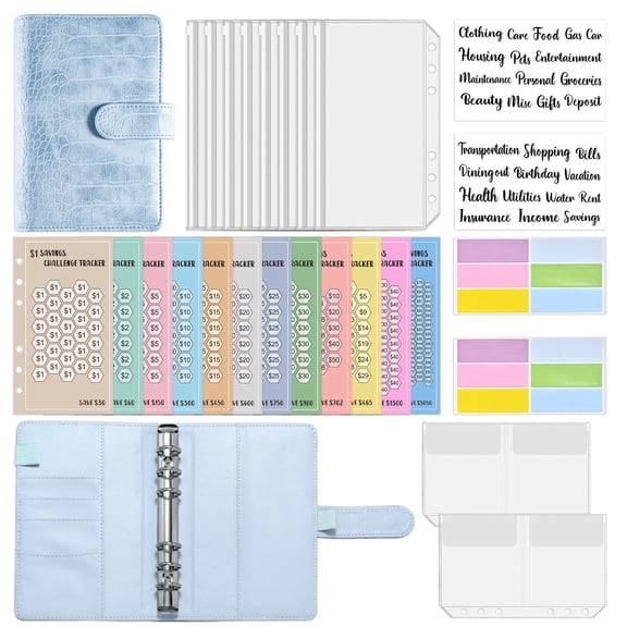Money Saving Binder for Cash Budgeting, PU Leather Budget Planner with Zippered Envelopes and Expense Sheets, Personal Finance Organizer System in Macaron Blue
