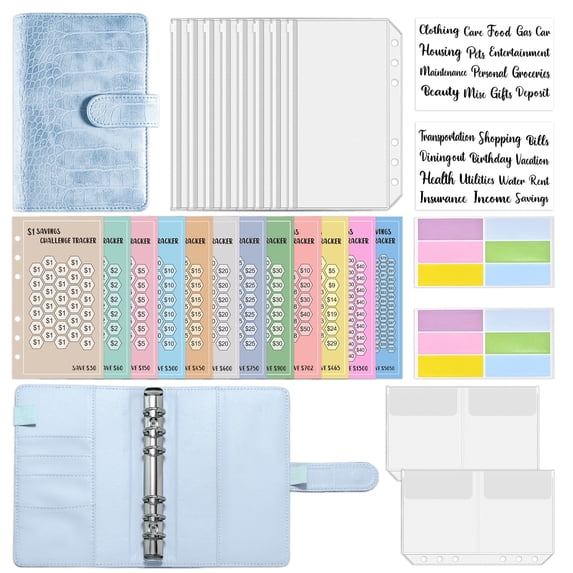 Money Saving Binder for Cash Budgeting, PU Leather Budget Planner with Zippered Envelopes and Expense Sheets, Personal Finance Organizer System in Macaron Blue