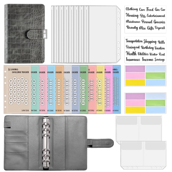 Money Saving Binder for Cash Budgeting, PU Leather Budget Planner with Zippered Envelopes and Expense Sheets, Personal Finance Organizer System in Macaron Gray