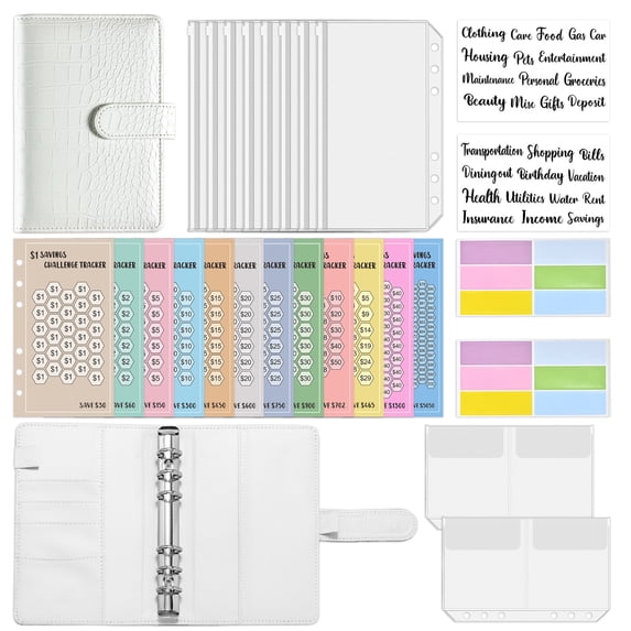 Money Saving Binder for Cash Budgeting, PU Leather Budget Planner with Zippered Envelopes and Expense Sheets, Personal Finance Organizer System in Macaron White