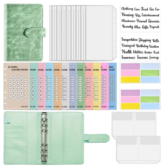 Money Saving Binder with Cash Envelopes Budgeting Planner Organizer Expense Tracker Notebook A6 Pu Leather Refillable 6 Ring Binder for Savings Challenges 5X7X2 Macaron Green
