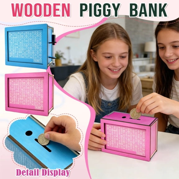 Money Saving Box 10K - Wooden DIY Piggy Bank (Alcancía) with Counter, Drop-Proof Cash Vault & Goal Tracker, Perfect for Savings Challenge (Pink)