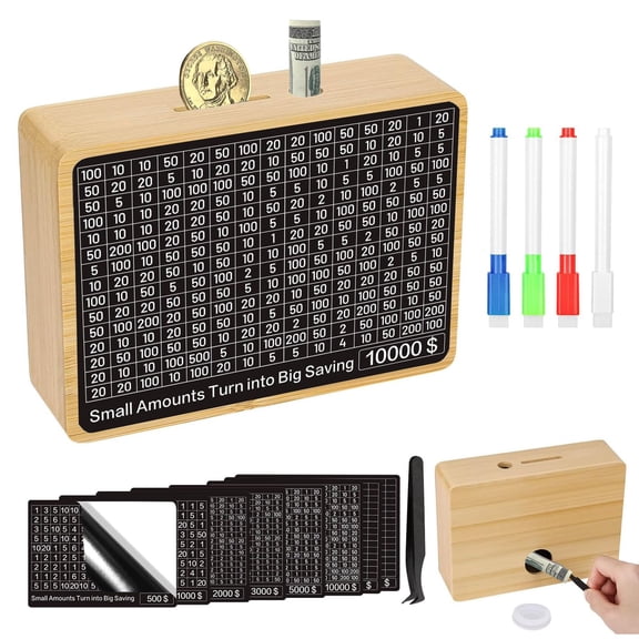 Money Saving Box Cash Vault Wooden Savings Challenge Box Piggy Bank for Adults Kids Budgeting and Savings Goals Coin Bank for Boys and Girls No Install Required (8 Amounts)