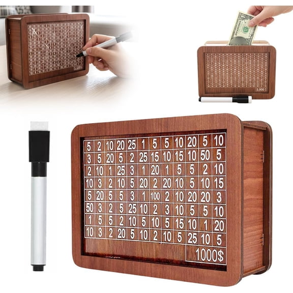 Money Saving Box Cash Vault Wooden Savings Challenge Box Piggy Bank for Adults Kids Budgeting and Savings Goals Coin Bank for Boys and Girls No Install Required (8 Amounts)