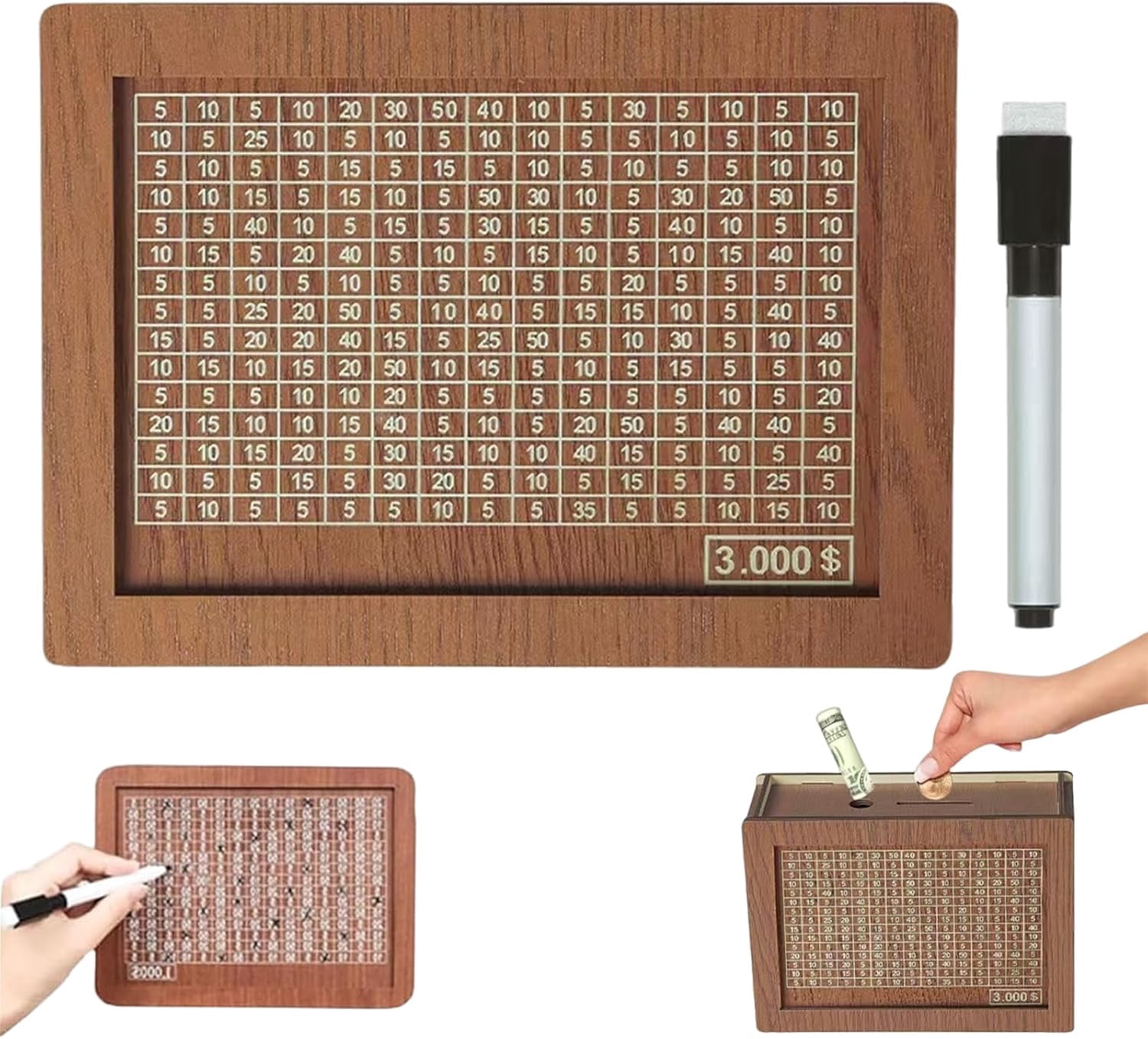 Money Saving Challenge Box with Numerical Tracker, Retro Wooden Cash ...