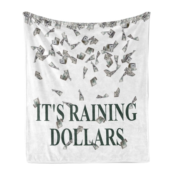 Money Soft Flannel Fleece Blanket, It's Raining Dollars Typography with Spreading Money Richness and Wealth Themes, Cozy Plush for Indoor and Outdoor Use, 70" x 90", Dark Green White, by Ambesonne
