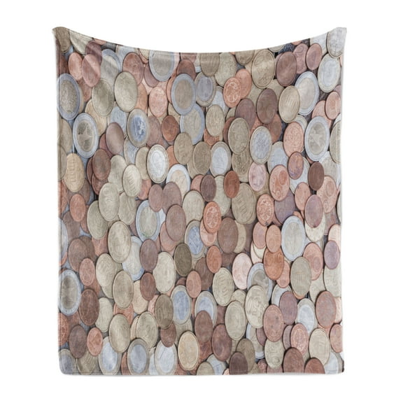 Money Soft Flannel Fleece Throw Blanket, Close up Photo of Coins European Union Euros Cents on Rustic Wooden Board, Cozy Plush for Indoor and Outdoor Use, 50" x 60", Umber Grey Yellow, by Ambesonne