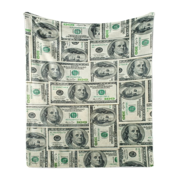 Money Soft Flannel Fleece Throw Blanket, Dollar Bills of United States Federal Reserve the Ben Franklin Portrait, Cozy Plush for Indoor and Outdoor Use, 50" x 70", Pale Green Grey, by Ambesonne