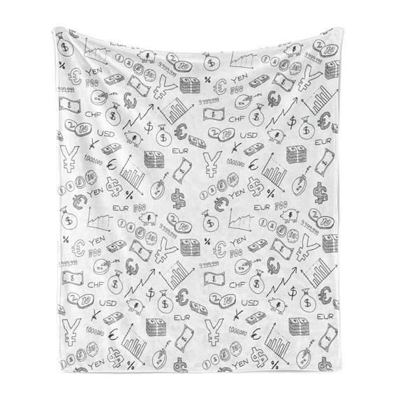 Money Soft Flannel Fleece Throw Blanket, Monochrome Pattern with Euro Dollar Yen Coins Piggy Bank Stock Graphs Doodle, Cozy Plush for Indoor and Outdoor Use, 60" x 80", Black White, by Ambesonne