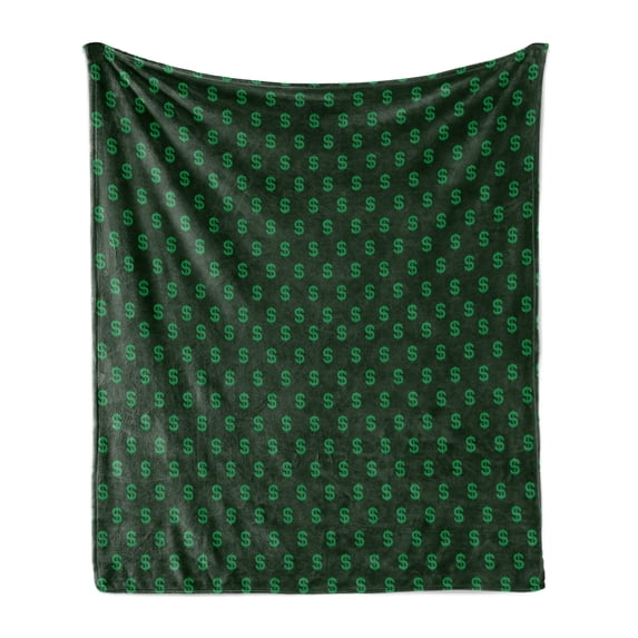 Money Soft Flannel Fleece Throw Blanket, Pattern of Dollar on Dark Green Background Monetary Sign of USA, Cozy Plush for Indoor and Outdoor Use, 70" x 90", Hunter Green Lime Green, by Ambesonne