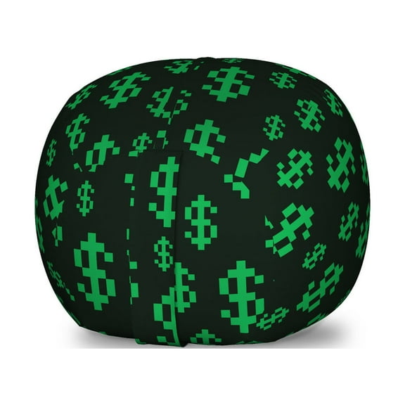 Money Storage Toy Bag Chair, Pixel Art Inspirations in Eighties Style Dollar Sign Banking Business, Stuffed Animal Organizer Washable Bag, Small Size, Dark Green Lime Green, by Ambesonne