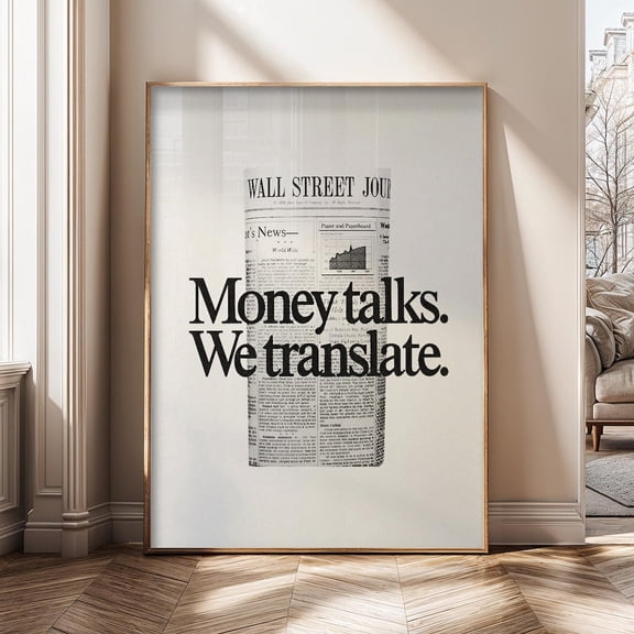Money Talks We Translate Vintage Finance Black White Typography Entrepreneur Poster
