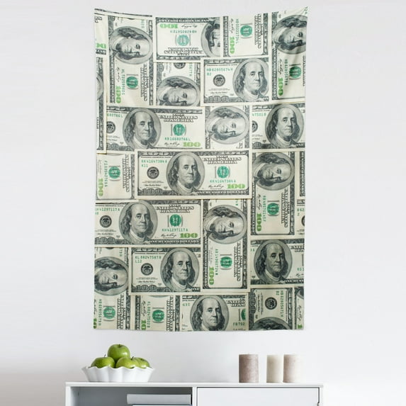 Money Tapestry, Dollar Bills of United States Federal Reserve the Ben Franklin Portrait, Fabric Wall Hanging Decor for Bedroom Living Room Dorm, 5 Sizes, Pale Green Grey, by Ambesonne