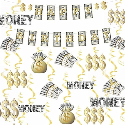 Money Theme Decoration KIT Bill Dollar Signs Birthday Banner & Hanging Swirls Money Bag Currency Symbol for Birthdays Casino Weddings Bachelorette Retirement Anniversary Graduations Party
