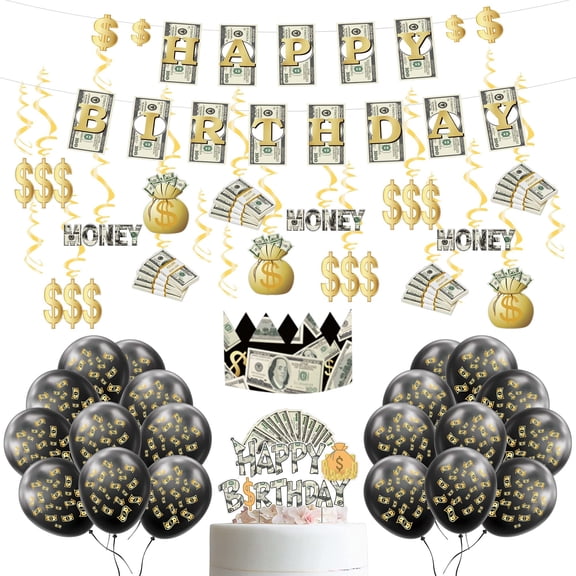 Money Themed Decoration KIT Bill Dollar Signs Birthday Banner Money Cake Topper Balloons Hanging Swirls Crown Set for Birthday Casino Wedding Showers Retirement Anniversary Graduations Party Y114