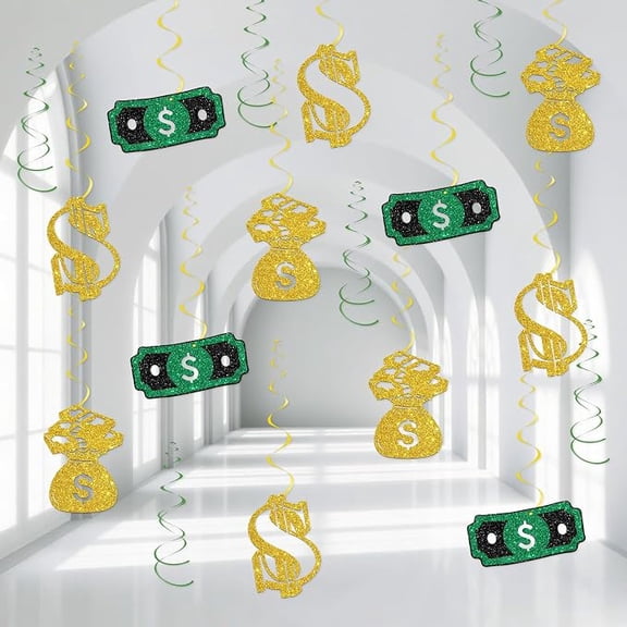 Money Themed Hanging Swirl Decorations Dollar Sign Foil Swirls Ceiling Decorations Money Hanging Swirls for Casino Party Decor Glitter Gold Green