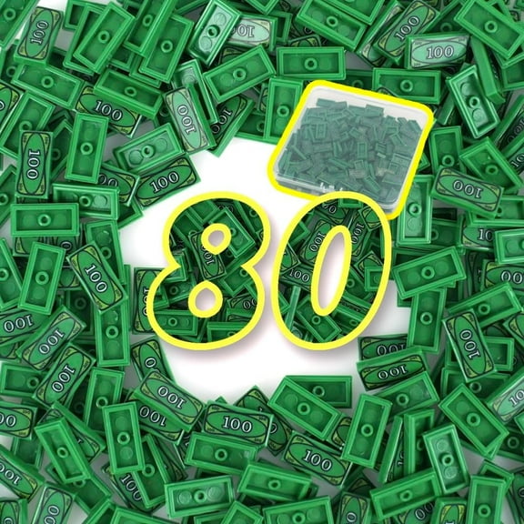 Money Tiles Bank Bill Accessories, 80 Pieces 100-Dollar Green 1x2 Tiles, Bulk Building Toy Parts, Compatible with All Major Brands