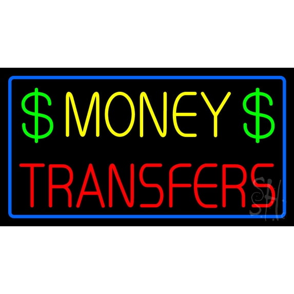 Money Transfers Dollar Logo Blue Border LED Neon Sign 13 x 24 - inches, Black Square Cut Acrylic Backing, with Dimmer - Bright and Premium built indoor LED Neon Sign for Defence Force.