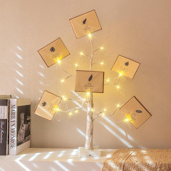 Money Tree with Holder, LED Lighted Birch Tree Table Centerpiece, Gift Card Tree Battery/USB Powered with Clips and Greeting Cards for Valentines Day, Party, Wedding, Birthday, Graduation
