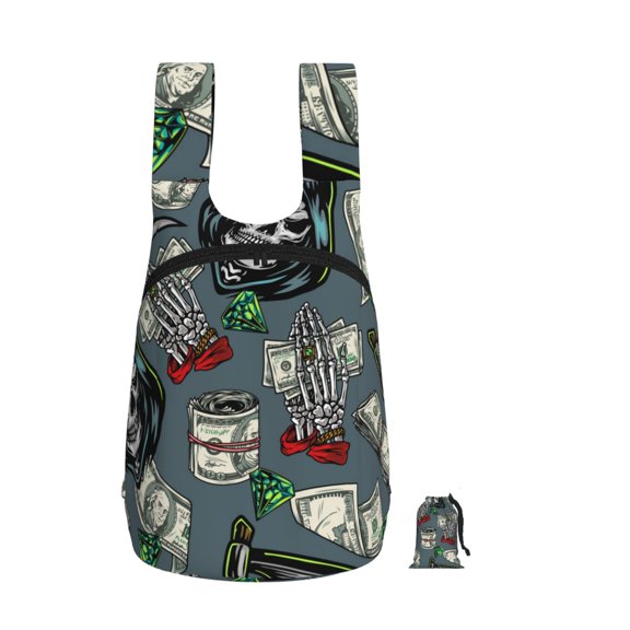Money Vintage Reaper Grim Skull Foldable Storage Backpack Lightweight Packable Travel Daypack for Shopping Commuting Hiking