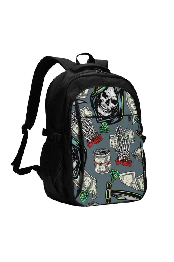 Money Vintage Reaper Grim Skull Laptop Backpack with USB Charging Headphone Port Casual Daypack Bag College Business Travel
