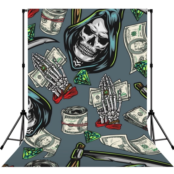 Money Vintage Reaper Grim Skull Photography Backdrop 5x7Ft Background for Photo Studio Video Recording Birthday Party Wedding Home Decor