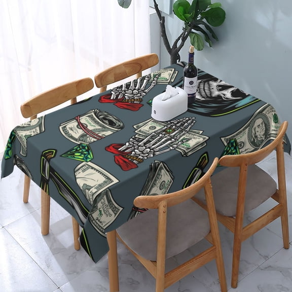 Money Vintage Reaper Grim Skull Rectangular Tablecloth 54"x 72" Waterproof Rectangle Table Cover Cloth for Kitchen Dining Room Picnic Home Party