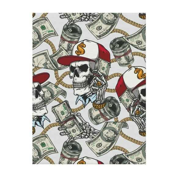 Money Vintage Skull Gold Chains With Us Dollar Throw Blanket Soft Sofa Bed Fleece Blankets For Men Women Boy Girl Gifts Blankets 40"X30"