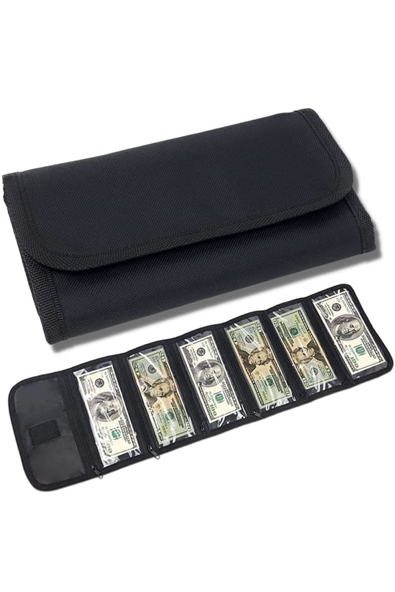 Organizer Unisex Envelope Travel Wallet with 6 Zippered Pocket Multipack Money Pouch, Black, 1 Pack