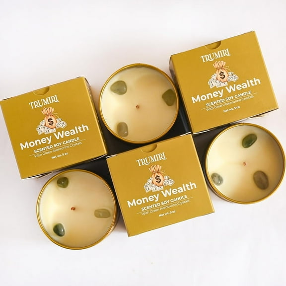 Money Wealth - Crystal Candles for Home Scented - Pack of 3 x 5oz Soy Wax Natural Clean Organic Non Toxic with Essential Oils - for Cash Luck Manifestation - Long Lasting Candel