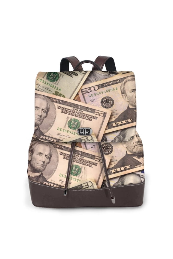 Money Women's Leather Backpack All-Over Print Bag for Work and Travel