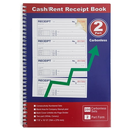 Gimehome Money and Rent Receipt Book, 2-Part Carbonless, 7-5/8" x 11", Spiral Bound, Items included 200 Sets receipt, 4 Receipts per Page
