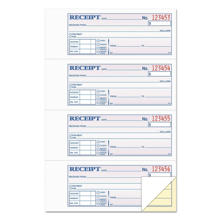 Money and Rent Receipt Books, Account + Payment Sections, Two-Part Carbonless, 7.13 x 2.75, 4 Forms/Sheet, 400 Forms Total Money and Rent Receipt Books, Account + Payment Sections, Two-Part Carbonless, 7.13 x 2.75, 4 Forms/Sheet, 400 Forms Total