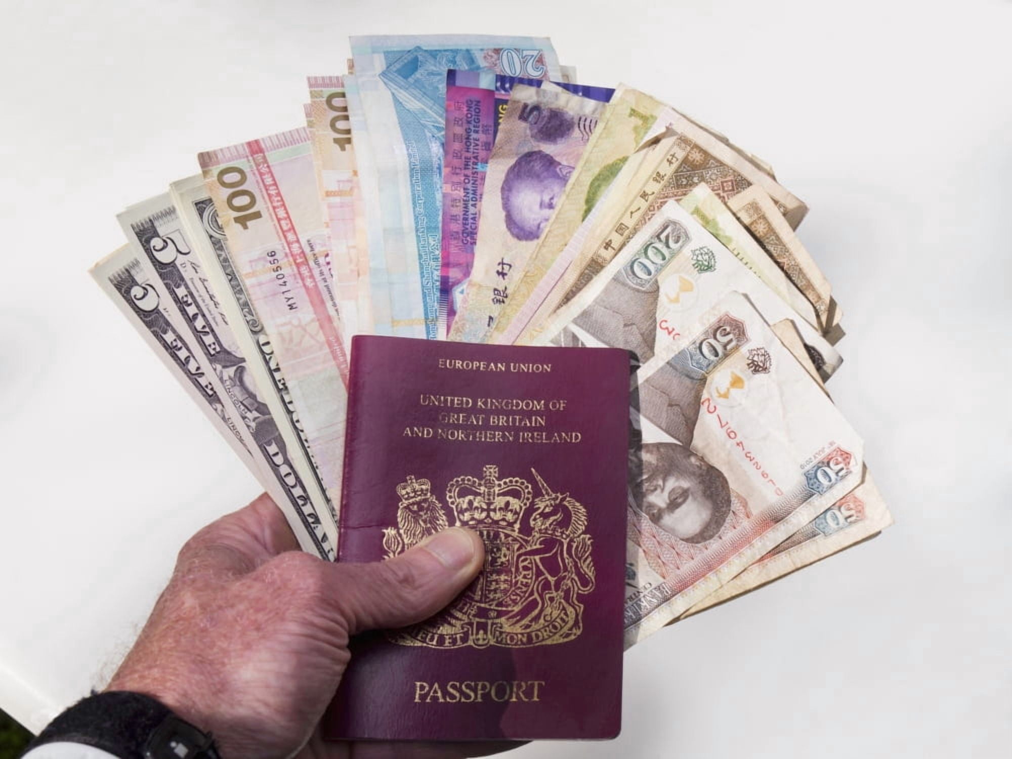 Money from various countries and a European Union passport Canvas Art - Charles Bowman Design Pics (17 x 13)
