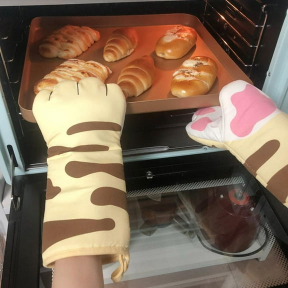 Monfince 1 Pcs 3D Cartoon Cat Paws Oven Mitts Microwave Heat Resistant Non-slip Gloves Long Cotton Baking Insulation Gloves Kitchen Gloves