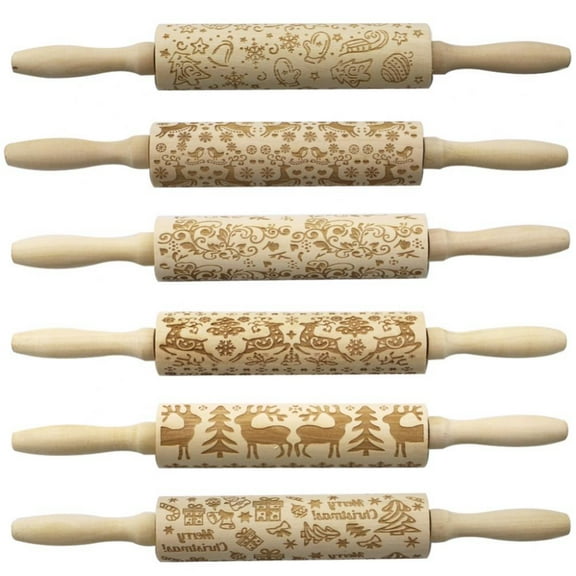 Monfince Christmas Wooden 3D Rolling Pins, Embossing Rolling Pin with Engraved Christmas Themed Symbols for Baking Embossed Cookies