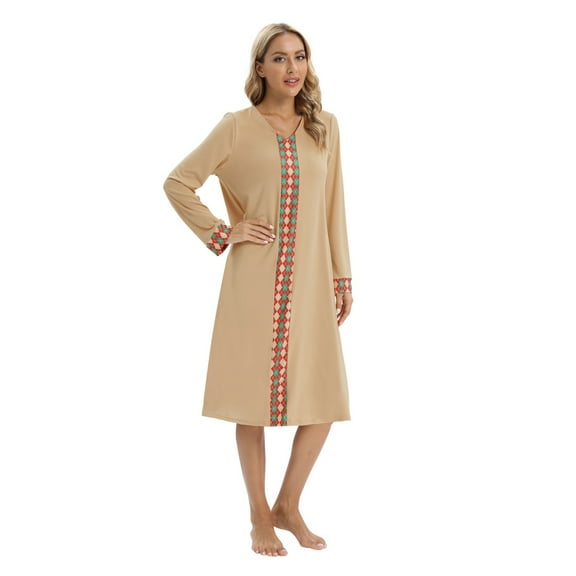 Monfince Long Nightgowns for Women Soft Night Gown Long Sleeve Color Block Sleepwear Christmas Loungewear Khaki US 6-14