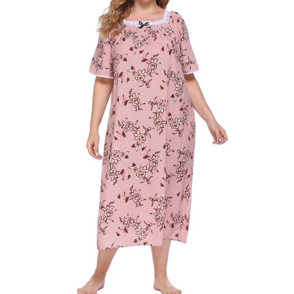 Monfince Plus Size Women Nightgown Short Sleeve Floral Print Nightdress Square Neck Lounger Robe Long Sleepwear