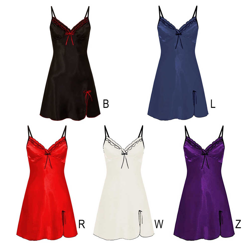 Monfince Summer Ladies LaceUp Satin Pajama Dress Split Hem Lace Trim